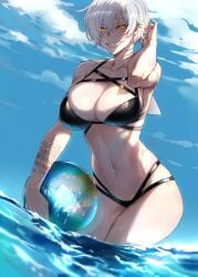 1girls beach_ball big_breasts bikini black_bikini female female_only golden_eyes muscular muscular_female ocean original outdoors partially_submerged ratatatat74 shark shark_fin shark_girl sharp_teeth short_hair smile smiling solo tattoo very_short_hair water white_background white_hair yellow_eyes