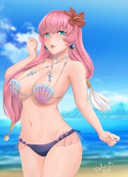 1girls alternate_costume bare_thighs beach blue_eyes breasts corrin_(female)_(fire_emblem)_(cosplay) cosplay earrings female female_only fire_emblem fire_emblem_fates fire_emblem_heroes gunnthra_(fire_emblem) large_breasts long_hair nintendo ocean open_mouth outdoors pink_hair rinku_bny shell_bikini sideboob smile solo thighs twintails