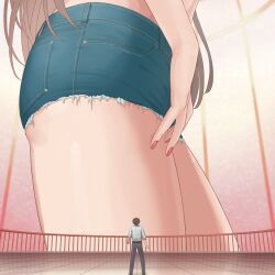 anime_style blue_pants brown_hair colored_nails copyright_request female fence fingernails fingers giantess hair hands legs macrophilia male pants pixiv red_nails shrunk size_difference thighs tiny_person