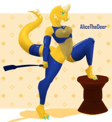 alicethedeer anthro bodily_fluids breasts claws clothed clothing digital_media_(artwork) dinosaur female fully_shaded genitals hi_res looking_at_viewer nipples nude pinup pose pussy reptile scalie simple_background solo solo_focus thick_thighs yellow_body