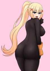 arched_back ass bangs black_bodysuit black_gloves blue_eyes bodysuit braid breasts darkness_(konosuba) female from_behind gloves hair_between_eyes hair_ornament hand_up high_ponytail kono_subarashii_sekai_ni_shukufuku_wo! large_breasts long_hair looking_back open_mouth pink_background shiny shiny_hair simple_background solo the_only_shoe tongue x_hair_ornament