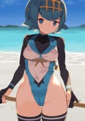 1girls adapted_costume aged_up alternate_costume ass_visible_through_thighs bangs bare_hips beach big_breasts black_thighhighs blue_eyes blue_hair blue_sky blush breasts cameltoe cleft_of_venus closed_mouth clothing cloud covered_navel covered_nipples creatures_(company) cute day erect_nipples erect_nipples_under_clothes eye_contact female game_freak gloves highleg highleg_leotard highres hourglass_figure human lana_(pokemon) leotard looking_at_viewer medium_breasts mob_face nintendo nipple_bulge nipples no_bra ocean outdoors pale_skin partially_fingerless_gloves pokemon pokemon_(anime) pokemon_(game) pokemon_masters_ex pokemon_sm pokemon_trainer pokemon_usm short_blue_hair short_hair sidelocks sky solo spring2013 thigh_gap thighhighs tight_clothing trial_captain wide_eyed wide_hips