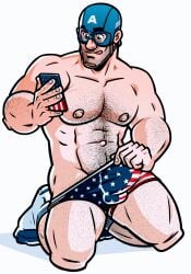 1boy abs ball_bulge bara beard_stubble blue_eyes body_hair captain_america chris_evans facial_hair hairy_arms hairy_chest hairy_legs hairy_male hairy_stomach half_naked hard_nipples helmet human lifting_speedo looking_at_phone male male_nipples male_only manly marvel marvel_cinematic_universe mask mature_male muscles muscular_male no_visible_genitalia pecs penis_bulge phone randyslashtoons selfie selfie_pose socks solo steve_rogers