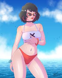 1girls beach bikini bikini_bottom bikini_top breasts cameltoe evie_(fortnite) female female_focus female_only fortnite girl glasses iisfernado lipstick nonude piercing red_bikini short_hair solo solo_female solo_focus sunglasses sunglasses_on_face tinted_eyewear white_shirt