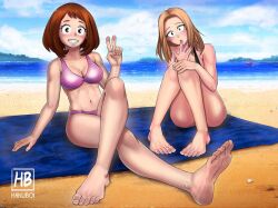 2girls barefoot beach bikini blue_sky camie_utsushimi female female_only hakuboi my_hero_academia ocean ochako_uraraka peace_sign seaside summer swimsuit two_piece_swimsuit