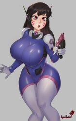 1girls alternate_breast_size big_breasts blizzard_entertainment bodysuit breasts brown_eyes brown_hair clothed clothed_female curvy d.va feminine_pose feminity girly girly_girl girly_pose gloves grey_background gun headphones hi_res highres hips hips_wider_than_shoulders holding_weapon hourglass_figure legs_tied legs_together long_hair overwatch pear-shaped_figure pear_shape pear_shaped pear_shaped_female solo squallpion thick_thighs thighs voluptuous voluptuous_body voluptuous_female weapon wide_hips