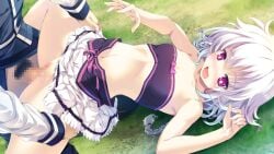 1boy bangs bare_arms black_bandeau blush braid breasts censored clothes_lift collarbone female game_cg grass hair_between_eyes iris_krug long_hair long_sleeves midriff miniskirt mizunezumi mosaic_censoring navel non-web_source open_mouth outdoors penis pleated_skirt pussy re;lord_dai_san_shou red_eyes sex single_braid skirt skirt_lift small_breasts solo_focus spread_legs stomach straight vaginal_penetration white_hair white_skirt