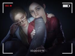 1boy 1monster 2girls 3d annette_birkin batesz blender claire_redfield erection fellatio female glasses huge_cock labcoat looking_at_viewer male monster mr_x oral penis pov resident_evil resident_evil_2 tyrant unseen_male_face