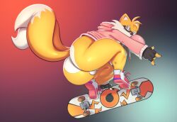 1boy anthro ass balls big_ass big_butt boots bottomless canid canine clothing eyewear femboy footwear fox genitals glasses gloves handwear hi_res hoodie huge_ass huge_butt looking_at_viewer male mammal penis sega simple_background skateboard solo sonic_(series) sonic_the_hedgehog_(series) tails thick_thighs topwear trashdrawy