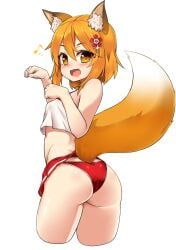 animal_ear_fluff animal_ears ass blonde_hair breasts chiroshiron commentary_request crop_top cropped_legs female flower fox_ears fox_tail from_behind hair_between_eyes hair_flower hair_ornament highres looking_at_viewer looking_back medium_hair microskirt musical_note oerba_yun_fang open_mouth panties paw_pose red_flower red_panties red_skirt senko_(sewayaki_kitsune_no_senko-san) sewayaki_kitsune_no_senko-san shiron_(e1na1e2lu2ne3ru3) simple_background skirt small_breasts smile solo standing tail underwear white_background yellow_eyes