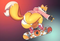 1boy anthro ass balls big_ass big_butt boots bottomless canid canine clothing eyewear femboy footwear fox genitals glasses gloves handwear hi_res hoodie huge_ass huge_butt looking_at_viewer male mammal penis sega simple_background skateboard solo sonic_(series) sonic_the_hedgehog_(series) tails thick_thighs topwear trashdrawy