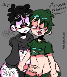 2boys artist_signature big_hips black_eyes black_hair black_panties blush bodily_fluids cherubiesan clothing dialogue femboy genital_fluids glasses gray_background green_clothing green_eyes green_hair hand_in_panties hickey hoodie light-skinned_male looking_at_penis looking_each_other luisardo male/male nervous penis pipepino short_hair simple_background smiling spanish_text sweat text text_bubble thick_thighs twink twitter_username veiny_penis white_skin yaoi youtube youtube_hispanic