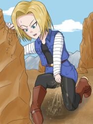 android_18 angry dragon_ball frustrated need_to_pee og_ssa omorashi outside part_of_a_set peeing peeing_self peeing_through_clothing tagme wetting wetting_self