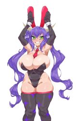 1girls arm_warmers armpits arms_up big_breasts blush bunny_ears_(cosmetic) bunnysuit covered_nipples cow_ears cow_girl cow_horns elbow_gloves fake_animal_ears gloves green_eyes huge_breasts leggings makinakid motion_lines necktie playboy_bunny print_legwear purple_hair rabbit_ears romolla skindentation smile thick_thighs thighhighs thighs tie twintails virtual_youtuber