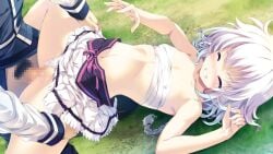 1boy bangs bare_arms blush breasts censored clenched_teeth closed_eyes clothing_aside collarbone covered_nipples day female game_cg grass iris_krug long_hair long_sleeves male_pubic_hair midriff miniskirt mizunezumi mosaic_censoring navel non-web_source outdoors panties panties_aside penis pink_ribbon pleated_skirt pubic_hair re;lord_dai_san_shou ribbon sarashi sex skirt small_breasts solo_focus spread_legs stomach straight teeth underwear vaginal_penetration white_hair white_panties white_skirt