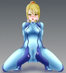 1girls bodysuit female high_heels japanese_text metroid neko_(pixiv) on_floor part_of_a_set samus_aran solo tagme text yellow_eyes zero_suit zero_suit_samus