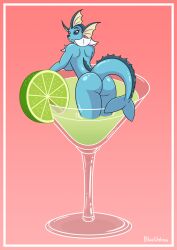 alcohol anthro ass beverage black_sclera blue_body blue_skin blueumbra cocktail cocktail_glass container cup drinking_glass eeveelution female fin food fruit generation_1_pokemon glass glass_container glass_cup glistening glistening_body gradient_background hi_res humanoid lemon light lime looking_at_viewer looking_back nintendo pink_background plant pokemon pokemon_(species) raised_tail rear_view signature simple_background smile smiling_at_viewer snout solo vaporeon video_games