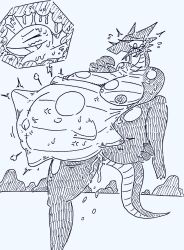 ambiguous_gender amphibian amphibian_humanoid animal_humanoid anthro areola belly big_belly big_breasts bodily_fluids breasts claws closed_eyes duo eyelashes female genital_fluids genitals hage hi_res horn humanoid hyper hyper_belly imminent_explosion internal monochrome navel nipples open_mouth outie_navel pussy pussy_juice salamander_humanoid saliva scalie smoke tears thick_thighs tongue tongue_out two_tone_scalie two_tone_tail unbirthing vaginal_penetration vein vore