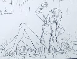 anime_style city cityscape copyright_request drawing eyes_open fingers giantess hands long_hair macrophilia open_mouth shrink shrinking shrunk sketch tiny_person twitter vore