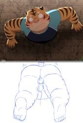 2022 anthro ass balls belly blush bodily_fluids clothing felid genitals handjob hi_res kemono male mammal overweight overweight_male pantherine penile penis penta002 sex shirt solo_focus sweat through_wall tiger topwear