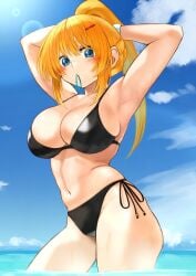 1girls armpits arms_up bangs bikini black_bikini blonde_hair blue_eyes blush breasts cleavage cloud collarbone contemporary cowboy_shot darkness_(konosuba) day female hair_ornament hair_tie_in_mouth hairclip izawa_(bhive003) kono_subarashii_sekai_ni_shukufuku_wo! large_breasts light-skinned_female light_skin long_hair looking_at_viewer mouth_hold navel ocean outdoors ponytail shiny shiny_clothes side-tie_bikini_bottom skindentation sky solo stomach swimsuit wading water