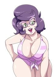 1girls big_breasts bikini breasts chubby cleavage eyewear female female_only game_freak glasses green_eyes hand_on_hip huge_breasts lips lipstick mature mature_female mature_woman milf one-piece_swimsuit plump pokemon pokemon_sm purple_glasses purple_hair purple_lips purple_swimsuit scittykitty solo solo_female swimsuit swimwear thick_thighs thighs wicke_(pokemon)