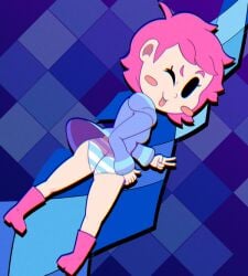 ass blue_panties dress_lift etsupai exposed_panties kumatora mother_(series) mother_3 panties skirt_up striped_panties tagme wink winking