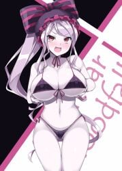 1girls akikaze_tsumuji alternate_breast_size bikini black_bikini blush breast_hold breasts character_name covered_nipples head_tilt large_breasts long_hair looking_at_viewer navel oerba_yun_fang open_mouth overlord_(maruyama) pale_skin red_eyes shalltear_bloodfallen shiny shiny_hair silver_hair simple_background slit_pupils smile solo stomach swimsuit thighs tongue undead vampire very_long_hair white_background