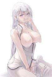 breasts covering_mouth douluo_dalu female gu_yue_(douluo_dalu) long_hair ripped_stockings silver_hair sitting solo stockings white_background