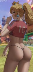 1girls 2022 ass ass_cleavage ass_focus ass_shot back back_view bangs black_thong blonde_hair blue_eyes blush breasts bubble_butt butt_crack closed_mouth crown earrings female female_only hi_res hips huge_ass light-skinned_female light_skin looking_back mario_(series) mario_strikers medium_breasts nintendo oroborusart outdoors panties ponytail princess princess_peach royalty savagexthicc sidelocks slim_waist soccer_field soccer_uniform solo sportswear standing thick_thighs thighs thong underboob underwear wide_hips