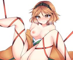 black_hairband blush bondage bound breasts brown_hair commentary_request crying female female_masturbation fingering genderswap genderswap_(mtf) hairband highres len'en masturbation medium_breasts medium_hair orange_hair ougi_hina red_ribbon ribbon ribbon_bondage rule_63 simple_background solo white_background zuifeng_tenkai