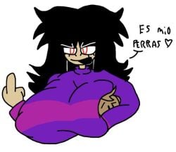big_breasts breasts cookie17908 face_in_breasts female heart middle_finger needlemouse_(series) nipple_bulge purple_sweater red_eyes sarah_henderson_(needlemouse) self_insert