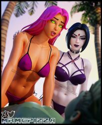 1boy 2girls 3d beast_boy big_breasts bikini bikini_bottom bikini_top choker collar cowgirl_position dc dc_comics female forehead_jewel fortnite garfield_logan glowing_eyes goth goth_girl koriand'r large_filesize looking_at_partner male mrmcpizza multicolored_hair necklace outdoors outside over_1080p panties_aside rachel_roth raven_(dc) raven_(fortnite)_(dc) starfire starfire_(fortnite) superheroine teen_titans