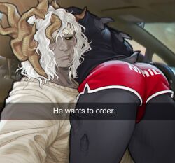 2boys booty_shorts brothers elden_ring fromsoftware funny he_wants_to_order horns hotpants male_only margit_the_fell_omen meme mohg_lord_of_blood monster morgott_the_omen_king omen_(elden_ring) selfie siblings text_on_clothing theslowesthnery twin_brothers twins white_hair