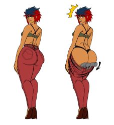 1girls ass big_ass big_butt black_panties blue_eyes blue_hair blush bra bubble_butt caked_up cheesecake danivere_(dual_dragons) dual_dragon embarrassed female hands heels jeans large_ass looking_at_viewer looking_back original_character panties pants_pulled_down presenting_hindquarters pulling_down_pants red_hair red_pants sideboob simple_background smirk spiky_hair surprised tanned_skin tease tight_pants tomboy two_tone_hair white_background