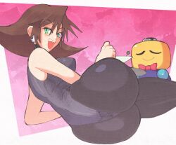 ass back big_ass breasts brown_hair capcom dark_hair female green_eyes inkuusan leotard looking_at_viewer lying_on_side mega_man mega_man_legends pantyhose pink_background red_bow sadistic servbot smile tron_bonne waitress waitress_uniform white_background yellow_body