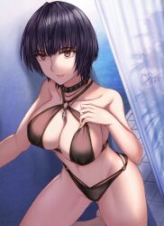 artist_name atlus belly belly_button big_breasts bikini black_bra black_choker black_panties black_underwear breasts choker color dark_hair eyebrows eyebrows_visible_through_hair eyelashes eyelashes_visible_through_hair female female_only hi_res large_breasts looking_at_viewer milf nipples_visible_through_clothing open_mouth persona persona_5 pool poolside purple_eyes revealing_clothes short_hair sideboob solo_female solo_focus studded_choker tae_takemi underwear underwear_only wet wet_breasts yaoto