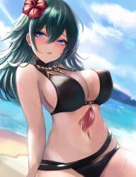 1girls alternate_costume alternate_outfit background bare_shoulders beach belt bikini black_bikini black_swimsuit blue_eyes blue_hair blush breasts byleth_(fire_emblem) byleth_(fire_emblem)_(female) byleth_(summer)_(fire_emblem)_(female) cleavage female female_only fire_emblem fire_emblem:_three_houses fire_emblem_heroes flower flower_in_hair hair_flower hair_ornament halterneck hibiscus highres intelligent_systems large_breasts leonmandala looking_at_viewer medium_hair navel nintendo ocean official_alternate_costume outdoors revealing_clothes sea sideboob sky solo sunny swimsuit tassel upper_body wet