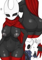 absurd_res annoyed anthro areola ass big_breasts big_butt biped black_body breasts cleft_of_venus cloak clothing duo female front_view hand_on_hip hi_res hollow_knight hornet_(hollow_knight) legwear looking_at_viewer navel nipples protagonist_(hollow_knight) rear_view siblings simple_background size_difference team_cherry text thigh_highs vessel_(species) video_games white_background wide_hips woebeeme