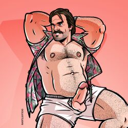 1boy artist_name balls ballsack bara beard_stubble big_balls body_hair brown_hair dadbod david_harbour dilf erection facial_hair foreskin foreskin_folds grey_eyes hairy_armpits hairy_arms hairy_chest hairy_legs hairy_male hairy_stomach half-dressed half_naked hawaiian_shirt human intact jim_hopper looking_off_screen male male_nipples male_only manly mature_male muscular_male mustache open_shirt penis penis_out randyslashtoons retracted_foreskin scrotum short_shorts smooth_penis stranger_things testicles thick_penis uncut watch