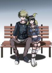 1boy 1boy1girl 1girls ahoge arms_behind_back bench black_hair bondage bound bound_ankles bound_legs chabashira_tenko choker couple danganronpa danganronpa_v3 earrings eyelashes female green_eyes green_hair headband rantaro_amami restrained rope rope_between_breasts rope_bondage rope_harness shirt shoes sitting smile smooth_skin socks tied_hair tied_up