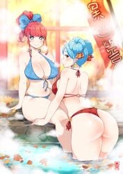 2022 2girls ass bikini blue_bikini blue_eyes blue_hair bow bow_in_hair breasts brown_eyes female female_only hips hot_spring huge_ass huge_breasts kenron_toqueen looking_at_viewer original original_character red_bikini red_hair slim_waist smile steam thick_thighs thighs tied_hair tomatita twintails wide_hips