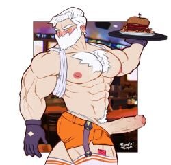 balls bara beard big_penis blush boner drayden erection facial_hair game_freak gay hairy himbo_hooters hooters hooters_uniform male male_only muscles muscular nintendo npc_trainer penis pokemon rumpletumple1 shirt_behind_neck shirt_pulled_behind_neck shirt_up solo solo_male white_hair