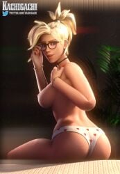 3d blender blonde_hair breasts female glasses kachigachi long_hair mercy open_mouth overwatch panties ponytail sitting topless