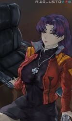 awg_usto big_breasts cross_necklace misato_katsuragi necklace neon_genesis_evangelion purple_hair tight_clothing