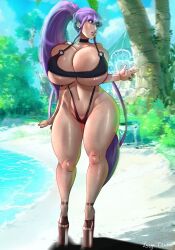 1girls absurd_res artist_name bangs bare_shoulders beach big_breasts bikini bimbo bimbo_body black_bikini breasts choker cleavage clothing collarbone curvy earrings eiken eyelashes female female_focus female_only full_body gigantic_breasts high-waisted_thong high_heels highleg_bikini highleg_swimsuit hips huge_breasts human kirika_misono large_breasts lasgaclaven lips long_hair navel o-ring o-ring_bikini platform_heels ponytail purple_eyes purple_hair revealing_clothes sand shiny_skin signature skimpy skindentation solo solo_female swimsuit tall_female thick_lips thick_thighs thighs tied_hair tree very_long_hair voluptuous water wide_hips