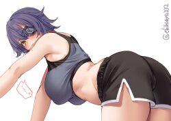 ... all_fours alternate_costume armpits ass back bent_over blush breasts ebifurya eyepatch female hanging_breasts kantai_collection large_breasts looking_at_viewer looking_back navel one-hour_drawing_challenge purple_hair short_hair shorts side_slit solo spoken_ellipsis stomach tank_top tenryuu_(kantai_collection) thighs twitter_username white_background yellow_eyes