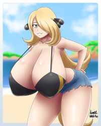 1girls alternate_breast_size azraelwebster beach big_breasts bikini bikini_top black_bikini_top black_eyes blonde_hair blue_shorts bottomwear breasts cleavage cynthia_(pokemon) female female_only female_solo game_freak gigantic_breasts hair hair_ornament hair_over_one_eye huge_breasts human human_only large_breasts long_hair looking_at_viewer mature mature_female mature_woman milf ocean pokemon pokemon_dppt short_shorts shorts solo solo_female swimwear thighs top_heavy topwear very_long_hair waist_length_hair