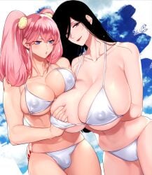 1boy 1girls 2020 bikini black_hair blue_eyes breast_envy breast_grab breast_squish breasts bulge busty_bunny_lady_(rototika) cleavage cloud crossdressing eyebrows_visible_through_hair eyeshadow female femboy hair_between_eyes hand_on_hip highres huge_breasts human large_breasts large_pectorals light-skinned_female light-skinned_male light_skin lipstick long_hair long_twintails looking_at_another looking_at_breasts looking_at_viewer makeup male male_with_breasts mature_female mesko_(rototika) mole mole_on_breast mole_under_mouth muscles muscular muscular_male nail_polish navel nipple_bulge original outdoors pecs pink_hair pink_nails puckered_lips purple_eyeshadow red_lipstick red_nails rototika seductive signature skindentation sky smaller_male standing string_bikini swimsuit thighs tied_hair trap twintails white_bikini wide_hips