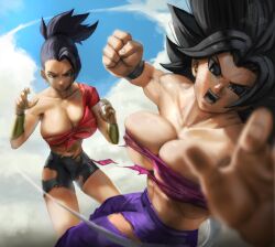 2girls action_pose armguard attacking_viewer big_breasts black_eyes black_hair breasts busty cameltoe caulifla cleavage clothing cloud dragon_ball dragon_ball_super ear_piercing earrings elitenappa female female_only female_saiyan fight fighting_pose fighting_stance huge_breasts incoming_attack kale large_breasts looking_at_viewer multiple_girls muscular muscular_female nipple_slip nipples open_mouth piercing pov pov_eye_contact saiyan sky sweat toned toned_female torn_clothes torn_clothing universe_6 universe_6/universe_7 wristband